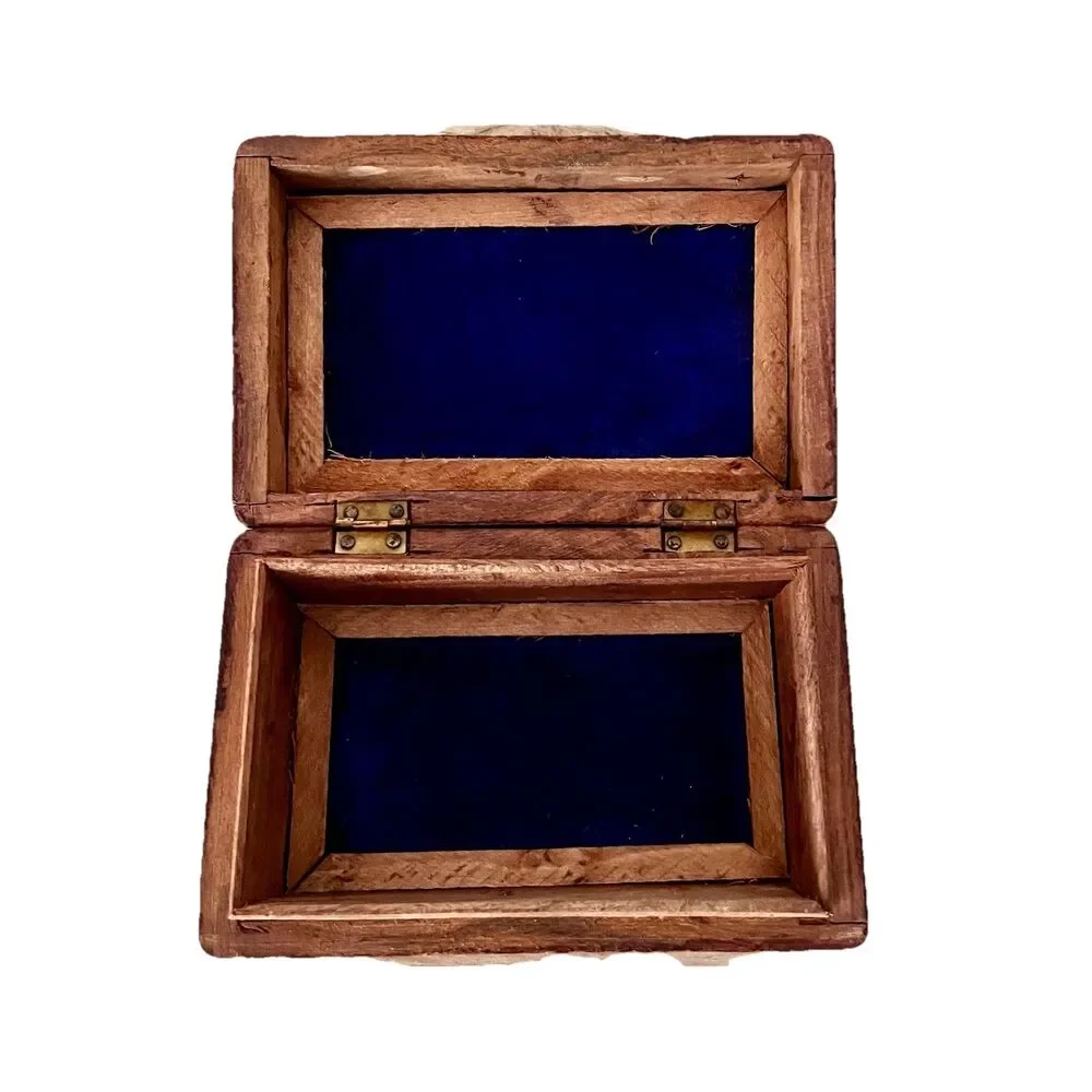 Wood Hand Carved Ornate Trinket Box - India Blue Velvet Inside 6” x 3.75” x 2”